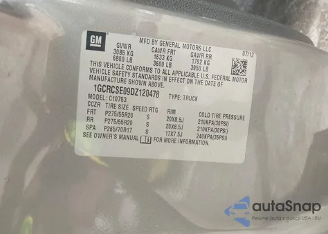 2013 Chevrolet Silverado 1500 Lt z USA, uszkodzony, nr VIN 1GCRCSE09DZ120478